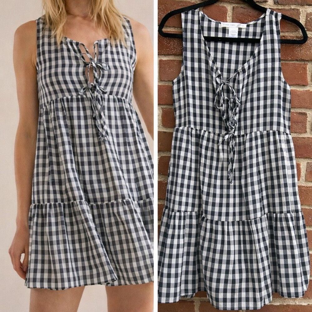 Altar’d State Gingham Lace Up Tiered Mini Dress Black White Small NEW